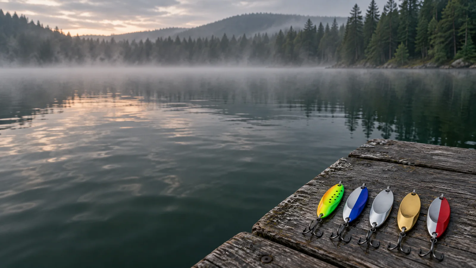 A misty lake at dawn with five spoon lures resting on a wooden jetty